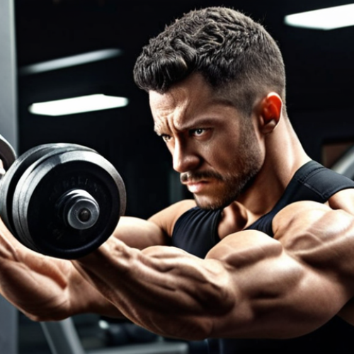 Home 4 ** A person performing a dumbbell circuit workout in a gym, focusing on bicep curls, with a determined expression.
**