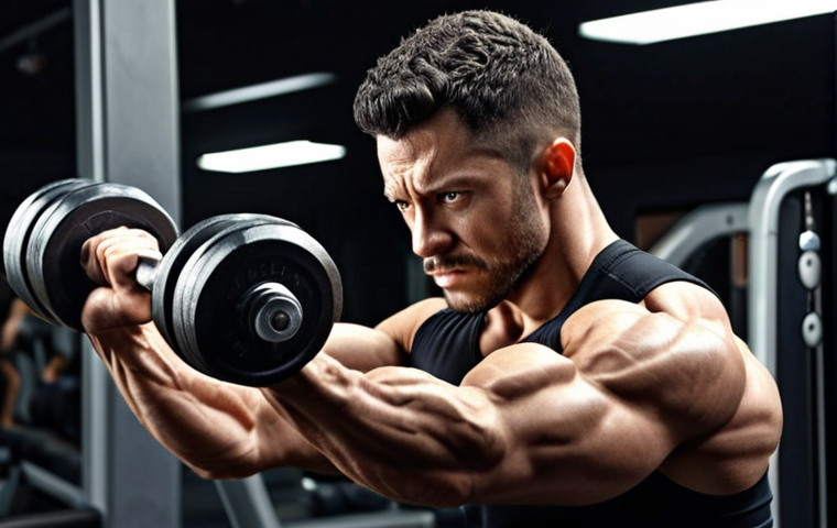 ** A person performing a dumbbell circuit workout in a gym, focusing on bicep curls, with a determined expression.
**