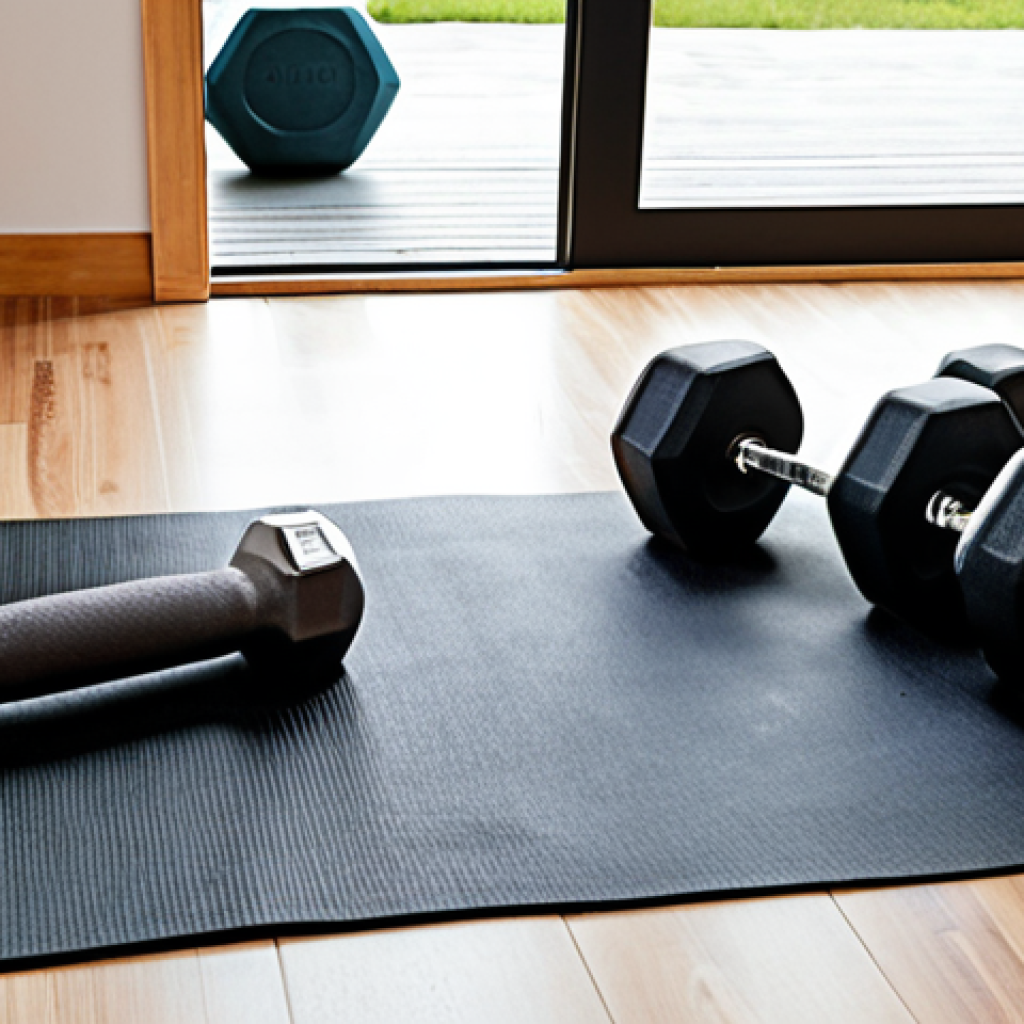 **

*   **Prompt:**  A comfortable yoga mat on a clean floor, ready for exercise.  Include dumbbells of various weights nearby.  The scene is well-lit and inviting, suggesting a home workout space.

**