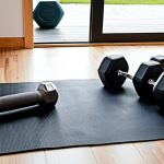 **

*   **Prompt:**  A comfortable yoga mat on a clean floor, ready for exercise.  Include dumbbells of various weights nearby.  The scene is well-lit and inviting, suggesting a home workout space.

**