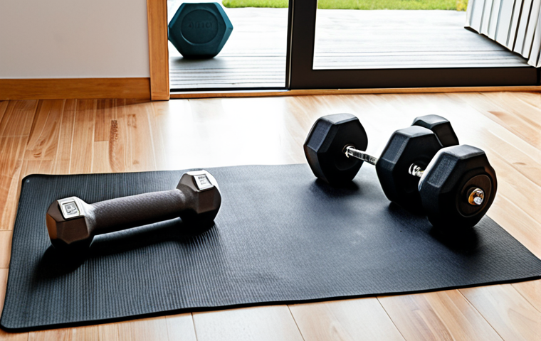 **
* **Prompt:** A comfortable yoga mat on a clean floor, ready for exercise. Include dumbbells of various weights nearby. The scene is well-lit and inviting, suggesting a home workout space.
**