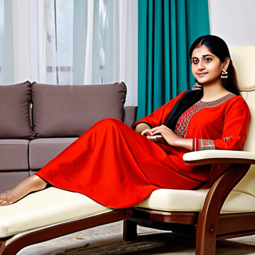 **

A woman, fully clothed in a comfortable salwar kameez, relaxing in a chair with a massage cushion behind her back. The setting is a cozy living room with Indian decor.  Safe for work, appropriate content, modest clothing, family-friendly. Perfect anatomy, correct proportions, natural pose, professional photography, high quality.

**