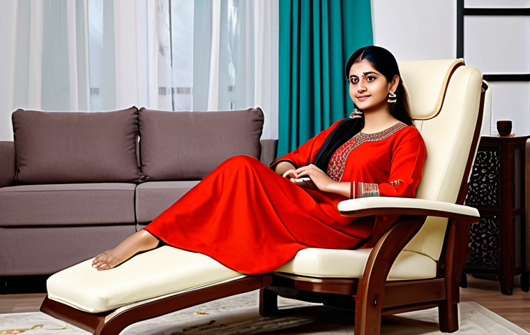 **

A woman, fully clothed in a comfortable salwar kameez, relaxing in a chair with a massage cushion behind her back. The setting is a cozy living room with Indian decor.  Safe for work, appropriate content, modest clothing, family-friendly. Perfect anatomy, correct proportions, natural pose, professional photography, high quality.

**