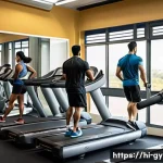 헬스장 대비 홈트 장비 비용 비교 - A modern gym interior bustling with diverse Indian adults engaged in various workouts, featuring pre...