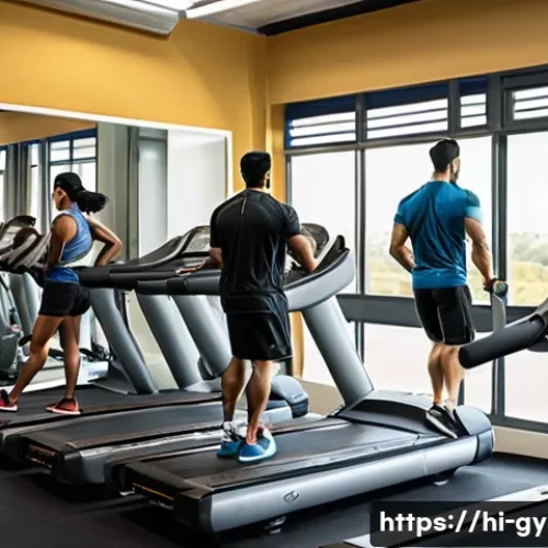 헬스장 대비 홈트 장비 비용 비교 - A modern gym interior bustling with diverse Indian adults engaged in various workouts, featuring pre...