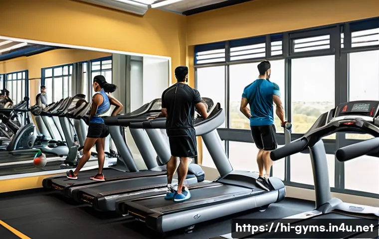 헬스장 대비 홈트 장비 비용 비교 - A modern gym interior bustling with diverse Indian adults engaged in various workouts, featuring pre...