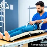 다양한 트랙션 기구 비교 - A detailed, realistic hospital-grade spinal traction device setup in a clinical physiotherapy room, ...