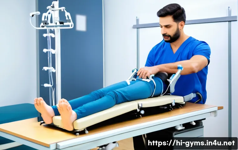 다양한 트랙션 기구 비교 - A detailed, realistic hospital-grade spinal traction device setup in a clinical physiotherapy room, ...
