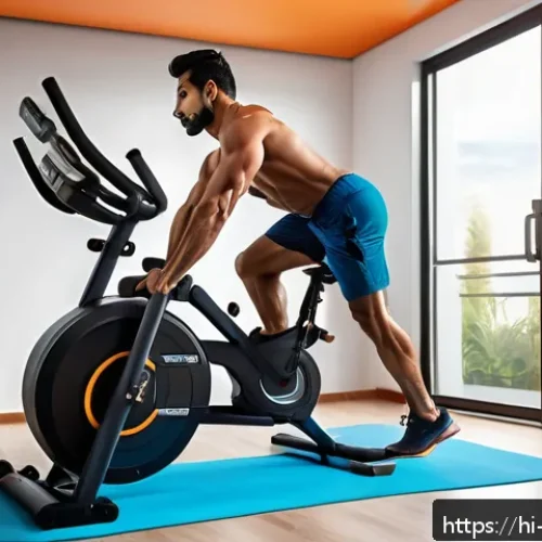 전신 강화용 클라이밍 머신 리뷰 - A fit Indian man in athletic wear using a climbing machine at home, showing full body muscle engagem...