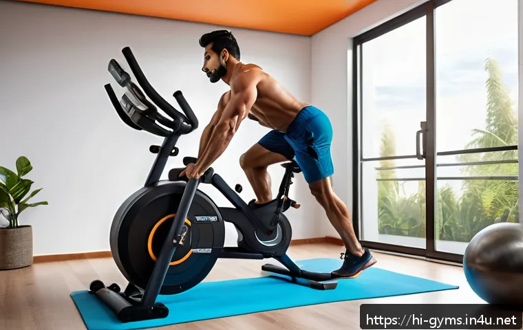 전신 강화용 클라이밍 머신 리뷰 - A fit Indian man in athletic wear using a climbing machine at home, showing full body muscle engagem...