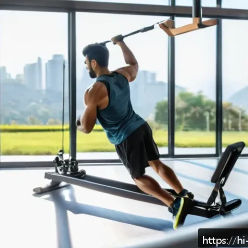 TRX 서스펜션 트레이너의 활용법 - A young Indian man practicing TRX rowing exercise in a bright, spacious home gym with natural sunlig...