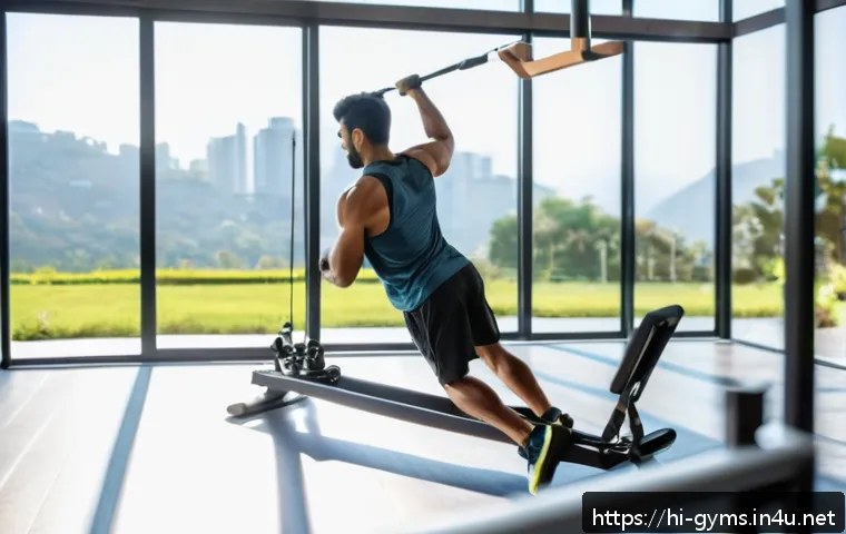TRX 서스펜션 트레이너의 활용법 - A young Indian man practicing TRX rowing exercise in a bright, spacious home gym with natural sunlig...